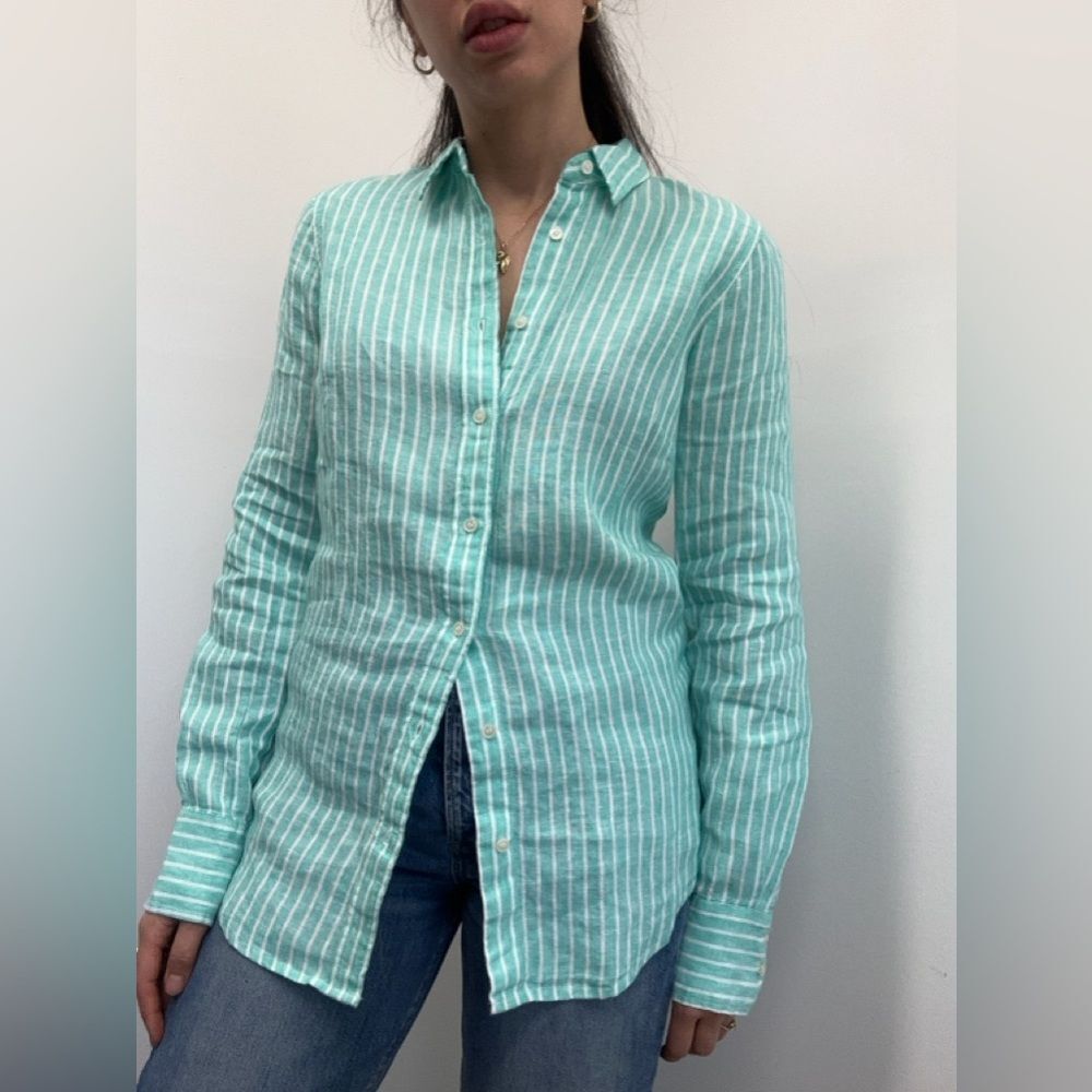 Baird McNutt J. Crew Green Striped Irish Linen Shirt Perfect Fit Size 4T - Picture 3 of 8